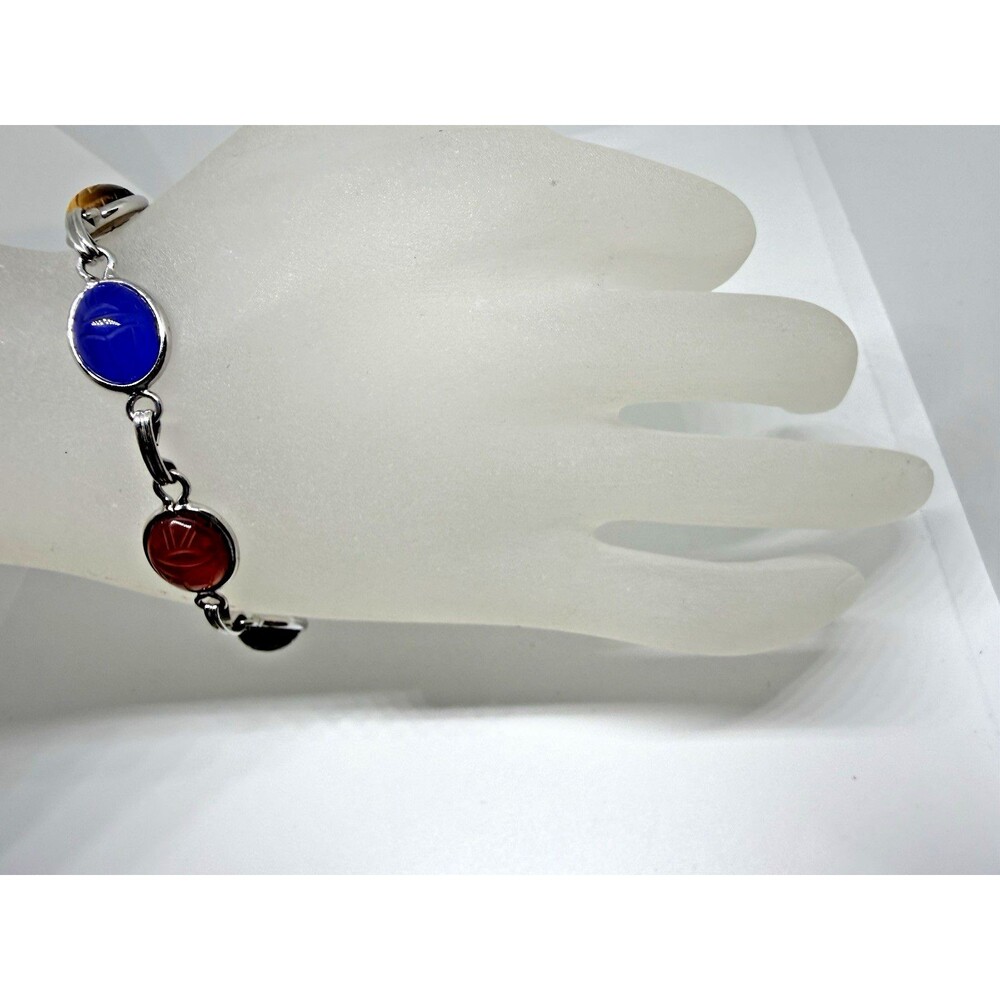 Vintage Egyptian Scarab Bracelet Signed A&Z Ster 6 Carved Stones Rare - Picture 2 of 16